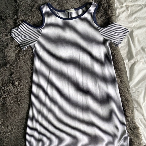 Off the Shoulder Navy Striped T-shirt Dress - Picture 1 of 3
